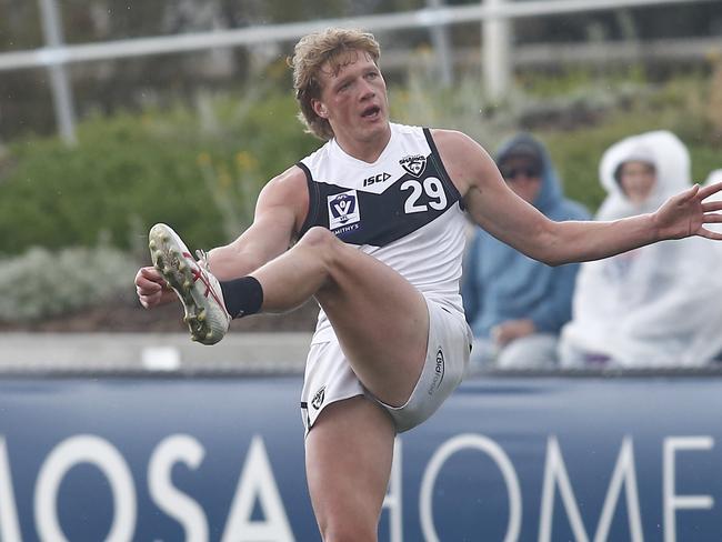 Hugh Dixon of the Sharks kicks for goal during the 2024 VFL Second Preliminary Final match between the Footscray Bulldogs and the Southport Sharks. (Photo by Cameron Grimes/AFL Photos via Getty Images)