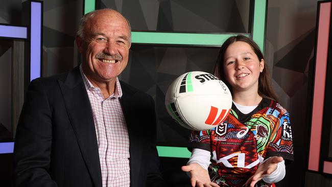 11 year-old interviewer Sophie Fraser with Wally Lewis, Bowen Hills. Picture: Liam Kidston