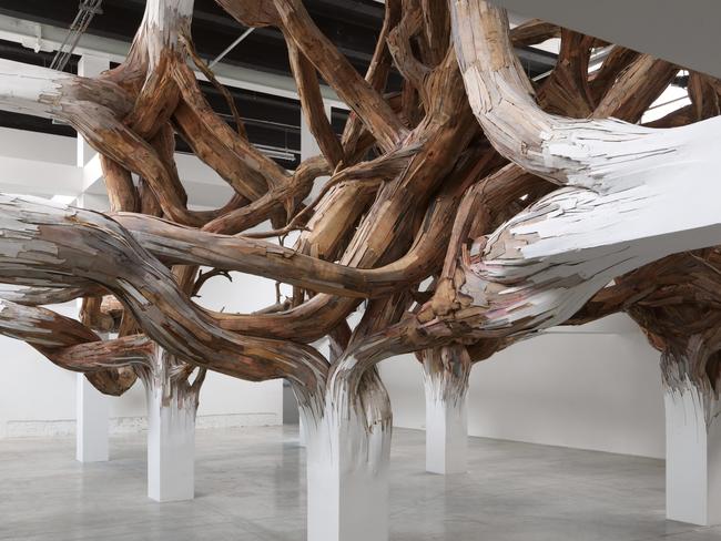 Henrique Oliveira Brazil b.1973 Baitogogo 2013 Plywood and tree branches 6740 x 1179 x 2076cm Images courtesy: SAM Art Projects, Galerie GP&N Vallois, Galeria Millan Photograph: AndrÃ© Morin