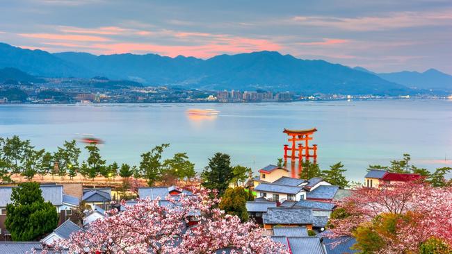 The Seto Inland Sea and floating torii gate at Miyajima Island, Japan.