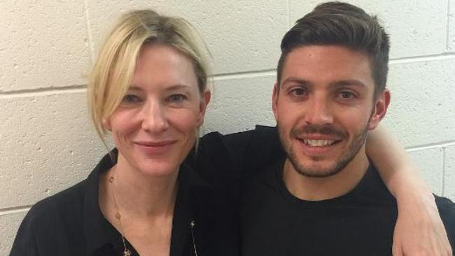 Cate Blanchett with her usual blonde hair, with Luke Zocchi.