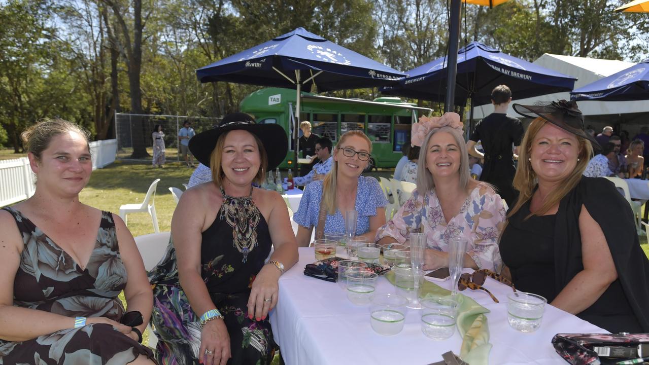 Bianca Silver, Sarah Smith, Jacinta Fahey, Jeanine Cusack and Georgie Nichols at the Lismore Cup on Thursday.