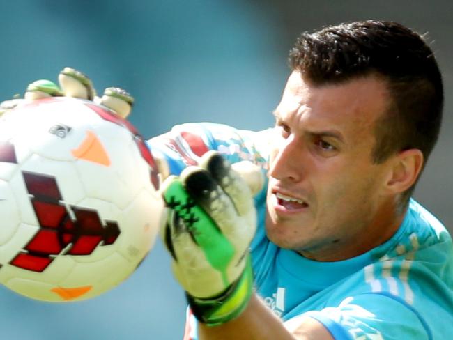 Goalie Ivan Necevski makes a save during Sydney FC training at Allianz Stadium .Picture Gregg Porteous