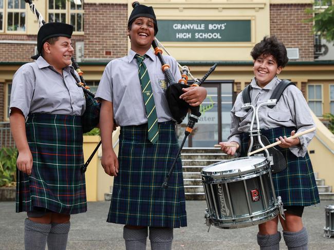 Principal Noel Dixon has brought bagpipes into the school. Imran El Moubayed, 14, Abdullah Hussain, 14, and Reda Alhasani, 14, are all part of the band. Picture: Justin Lloyd
