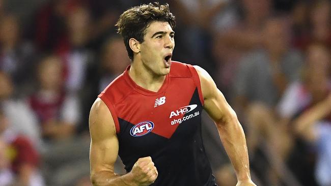 Christian Petracca celebrates a goal against St Kilda in Round 1.