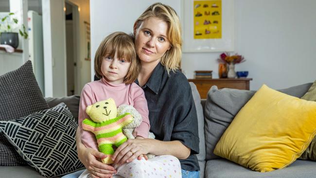 Mandy Claxton from The Gap, in Brisbane’s west, with four-year-old daughter Zoe, who is being treated for Respiratory Syncytial Virus. Picture: Richard Walker