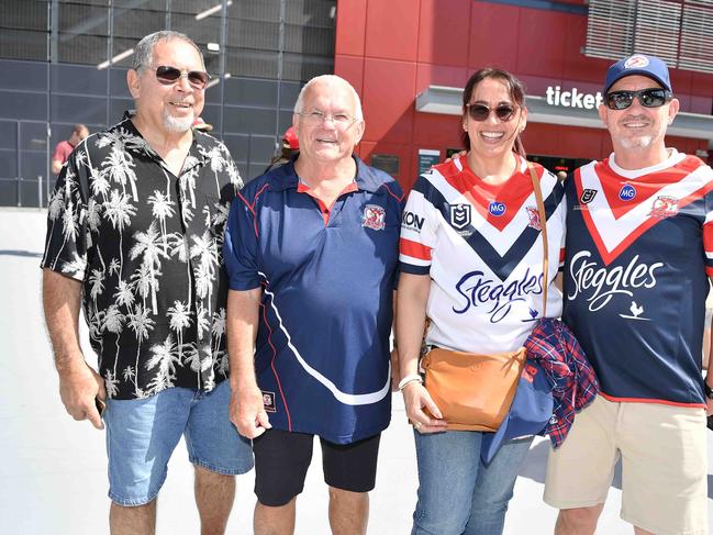 Freddy Costello, Kevin Schaefer, Amanda English and Brett McClintock at Roosters V Dolphins, Suncorp Stadium. Picture: Patrick Woods.