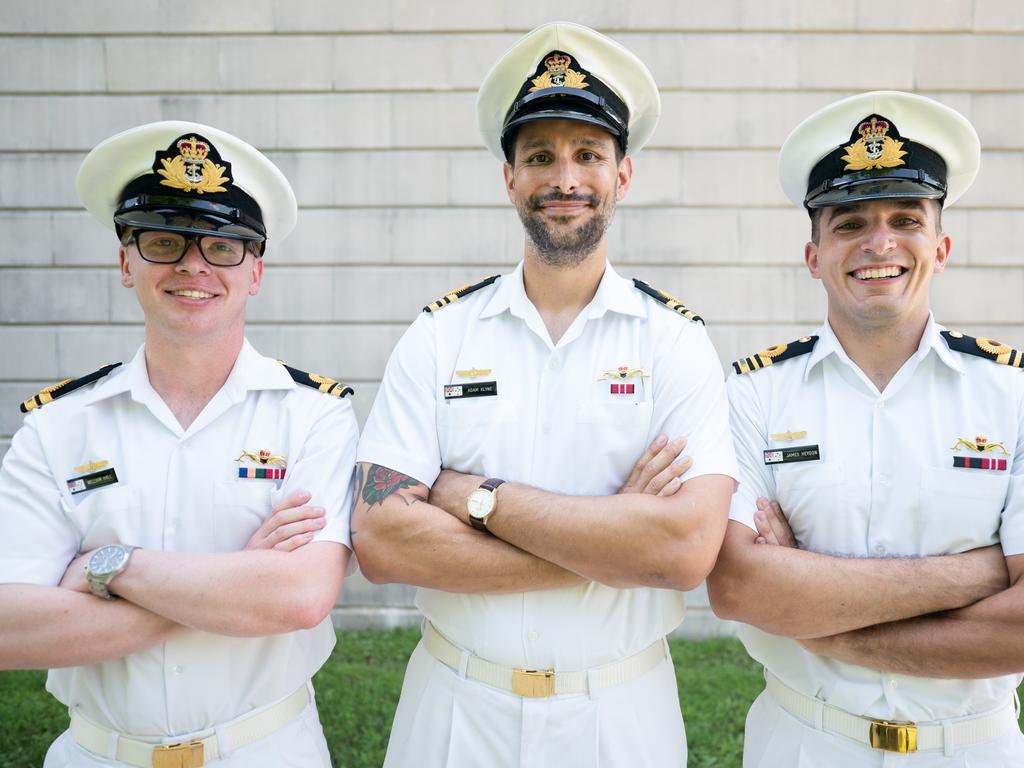 Lt. William Hall, Lt. Cmdr. Adam Klyne and Lt. Cmdr. James Heydon are the first Australian submarine officers to graduate from the US nuclear training school. Picture: Sean Rayford