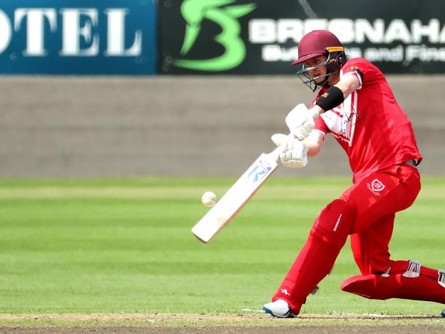 Nick Stapleton of St.George hits over the top during round 1 NSW Premier Grade cricket match between St.George and Hawkesbury at Hurstville Oval on September 24, 2022  in Hurstville, Sydney, Australia. (Photo by Jeremy Ng/Newscorp Australia)