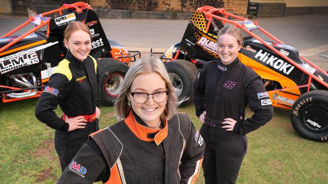 The Pitcher sisters, Kirra-Lee and twins Sharni, centre, and Tamika, at Murray Bridge Speedway, ahead of a Boxing Day event. Picture: Dean Martin