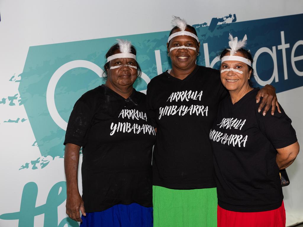 Rachel McDinny, Deandra Mc Dinny and Dr Shellie Morris AO at the Festival of Us, held at the Marrara Indoor Stadium on Australia Day, January 26, 2025. Picture: Pema Tamang Pakhrin