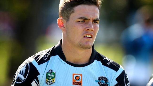 The Sharks Kyle Flanagan during warm up for his game against the Panthers at Pepper Stadium. Picture: Gregg Porteous