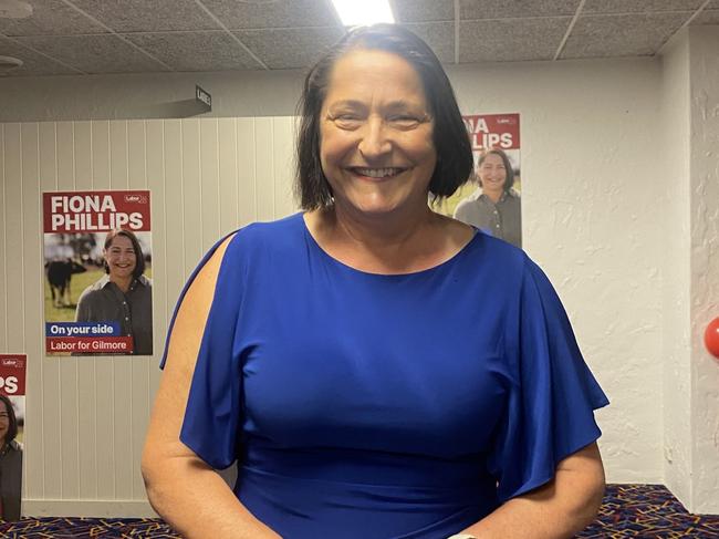 Gilmore Labor MP Fiona Phillips after giving her victory speech on 2025 Election Day. Picture: Hannah Farrow