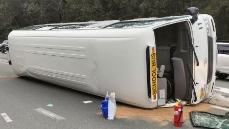 A bus rolled on its side on Kawana Way Link Rd in Birtinya following a crash. Picture: Contributed.