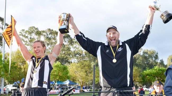 Golding (right) celebrates after Hahndorf’s 2019 premiership. Picture: Brenton Edwards