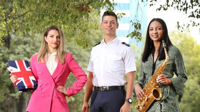 Flinders University drama student Julia Vosnakis, UniSA aviation student Vlad Zhelezarov  and Adelaide University music/health and medical science student Nikita Dahm are ready for a big year ahead. Picture: Dean Martin/AAP