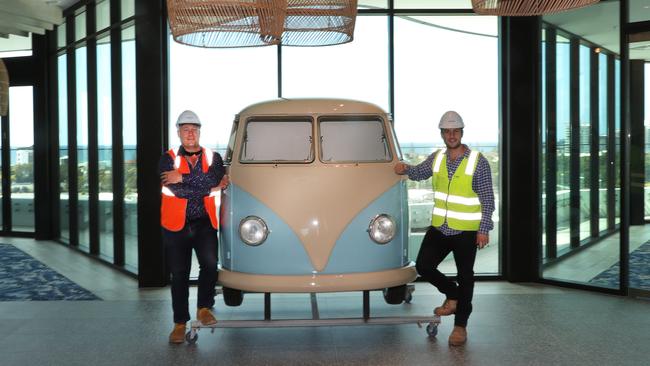 First look inside the Rydges Airport hotel at Coolangatta. General Manager Luke Harley and ConDev Project Manager Stephen Polis with the front of a Kombi that will become a feature on the rooftop.. Picture Glenn Hampson