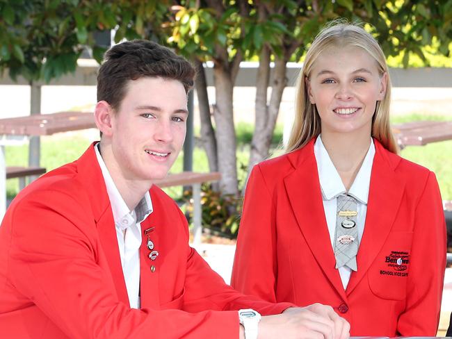 Benowa State High School has topped the state with their OP results. Principal Mark Rickard with school captains Matthew Coombes and Jemma Davey.15th February 2020 Benowa AAP Image/Richard Gosling