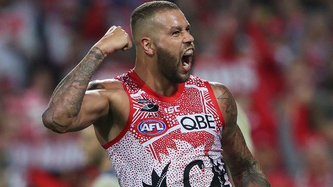 Lance Franklin celebrates a goal in his return. Picture: Phil Hillyard