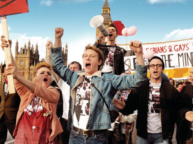 Steph (Faye Marsay), Joe (George MacKay), Mark (Ben Schnetzer), Mike (Joseph Gilgun), Dai (Paddy Considine), Carl (Kyle Rees) adn Gary (Jack Baggs) in a scene from PRIDE, directed by Matthew Warchus.In cinemas October 30, 2014.An Entertainment One Films release.For more information contact rbraye@entonegroup.com