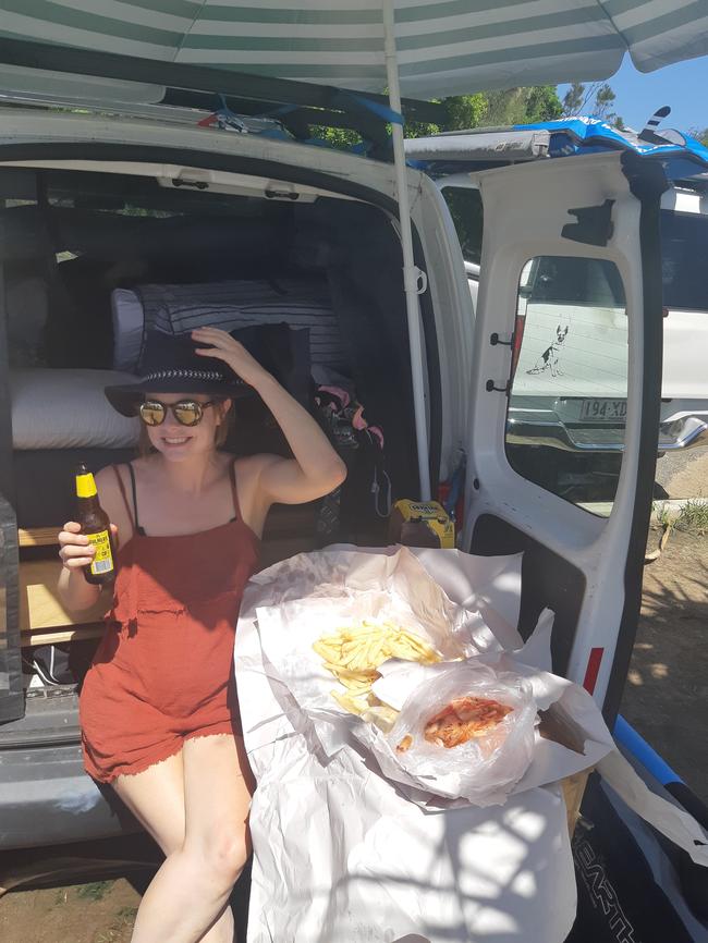 The writer enjoying prawns and cider at Scotts Head.