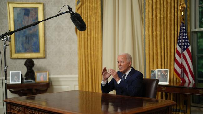 President Joe Biden addresses the nation from the Oval Office of the White House in Washington,.