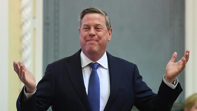 Queensland Opposition leader Tim Nicholls speaks during Question Time at Parliament House in Brisbane, Tuesday, August 22, 2017. (AAP Image/Dan Peled)