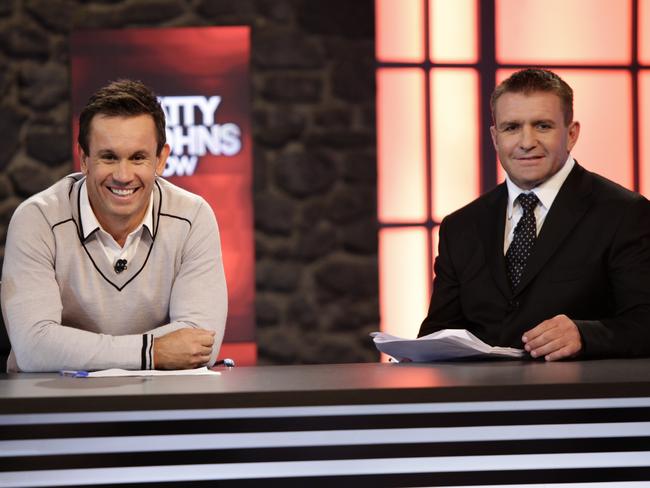 Host Matty Johns (L) and panelist Shane Webcke on the set of the Channel Seven (7) TV program 'The Matty Johns Show'.