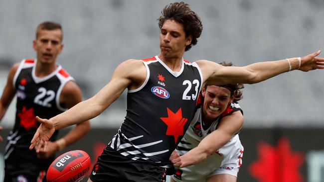 MELBOURNE, AUSTRALIA - SEPTEMBER 28: James Borlase of team Brown kicks the ball during the NAB League 2019 All Stars match between Team Dal Santo and Team Brown at the Melbourne Cricket Ground on September 28, 2019 in Melbourne, Australia. (Photo by Darrian Traynor/AFL Photos via Getty Images)