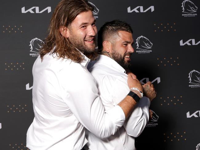 L to R, Patrick Carrigan, Adam Reynolds, attend the Brisbane Broncos Season launch, Pandanus Avenue, Pinkenba, on Thursday 15th February 2024 - Photo Steve Pohlner