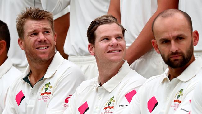 David Warner, Steve Smith and Nathan Lyon during a team photo. Picture: Gregg Porteous