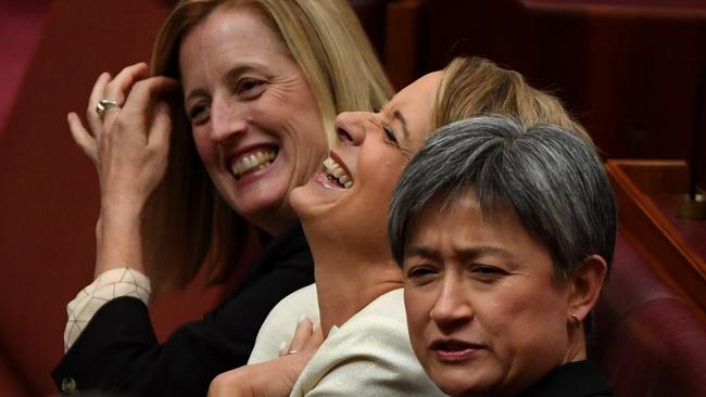 The triple alliance: senators Katy Gallagher, left, Kristina Keneally and Penny Wong. Picture: AAP