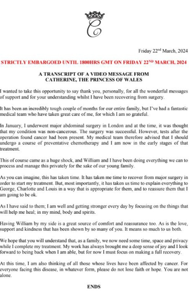 Kate Middleton’s statement in full. Picture: Supplied