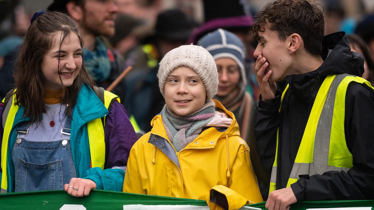 Ms Thunberg joined other teen climate activists to protest for action on climate change in England on Friday. Picture: Leon Neal/Getty Images