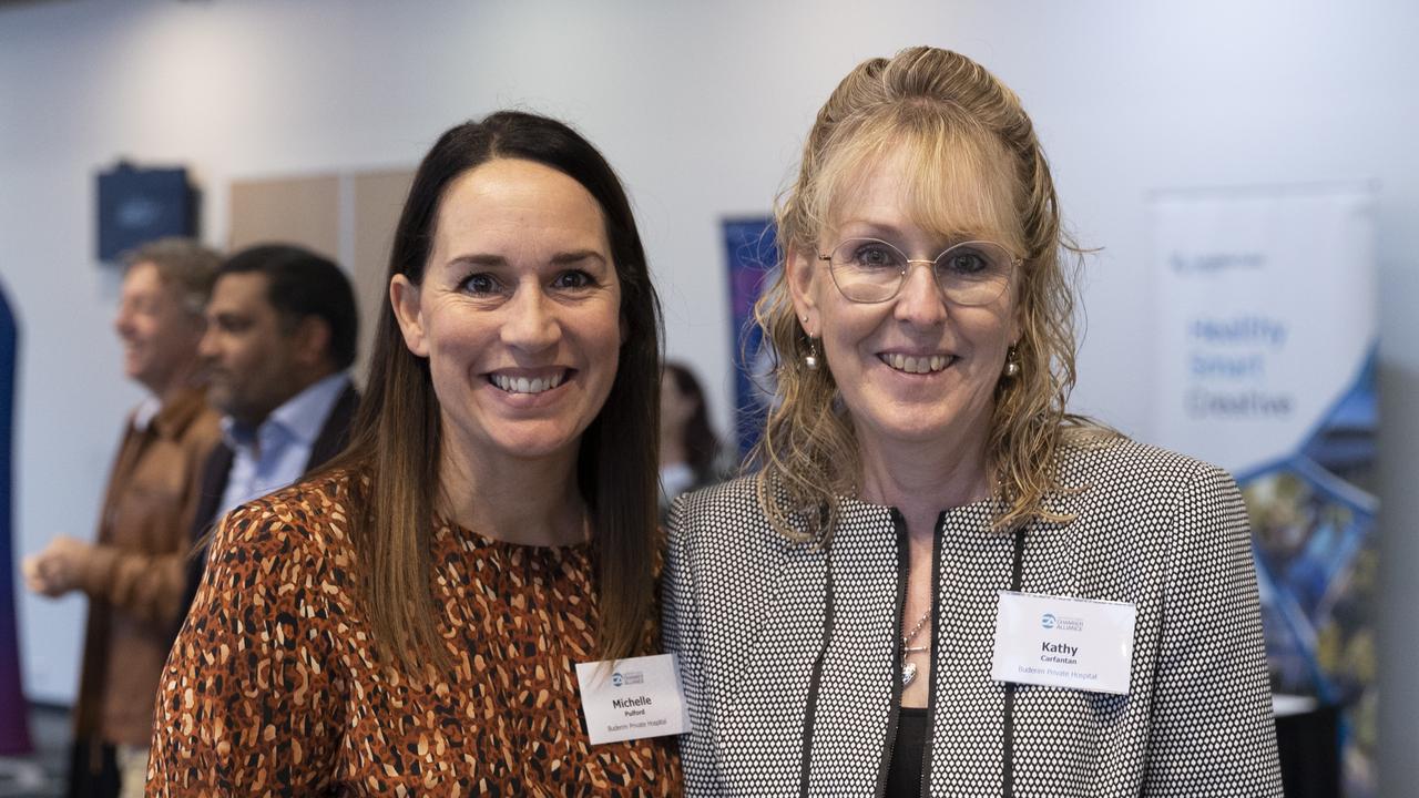 Michelle Pullford and Kathy Carfantan from Buderim Private Hospital at the Sunshine Coast Small Business Month breakfast at Maroochy RSL. Picture: Barry Alsop