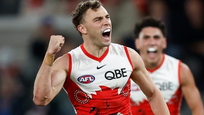 MELBOURNE, AUSTRALIA - MAY 23: Will Hayward of the Swans celebrates a goal during the 2024 AFL Round 11 match between the Western Bulldogs and the Sydney Swans at Marvel Stadium on May 23, 2024 in Melbourne, Australia. (Photo by Michael Willson/AFL Photos via Getty Images)