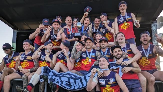 Diggers Rest celebrates its RDFNL premiership. Picture: Aaron Cook