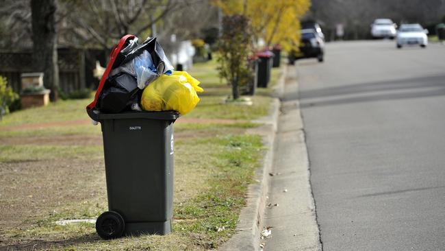 Garbage bins await Cleanaway collection.