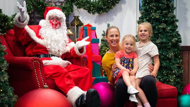 Melbourne Myer Christmas. Mum, Stephanie McNulty and kids Ava,4 and Claudia,2 meet Santa at Myer Santa wonderland. Picture: NCA NewsWire/Sarah Matray