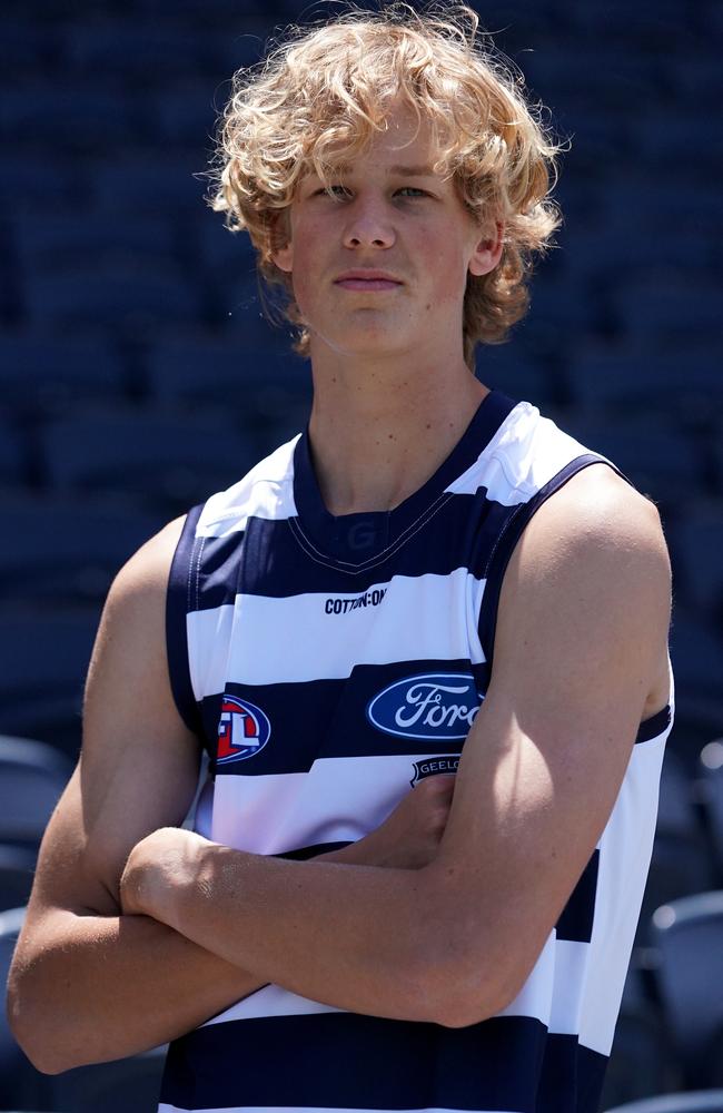 Sam De Koning at his first Geelong media day in 2019. Picture: Sean Garnsworthy