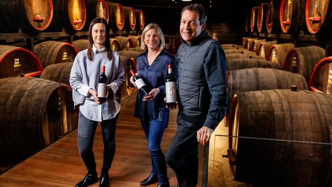 Penfolds winemakers Stephanie Dutton, Emma Wood and Peter Gago with the highly anticipated Grange 2016 and Penfolds g4 at Magill Estate. Picture: Matt Turner.