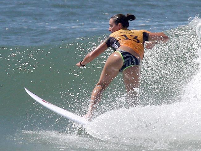 Tyler Wright competing at the Roxy Pro before being knocked out in the quarter-finals.