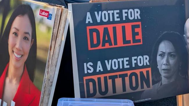 A sign seen in Fowler linking independent Dai Le to Peter Dutton, which was seen by a volunteer. The AEC has ordered the Labor Party not to display it. Picture: Supplied