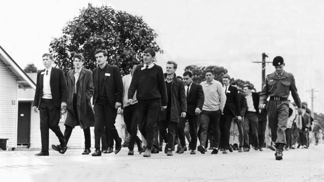 ‘Nashos’ arrive in civilian clothing at Puckapunyal to start training in June 1965.