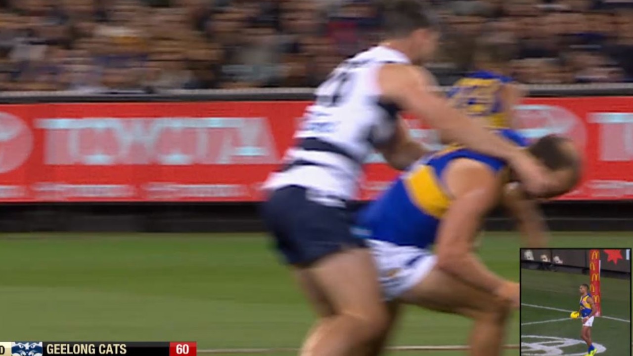 Tom Hawkins hits Will Schofield during the Geelong v West Coast Semi Final.