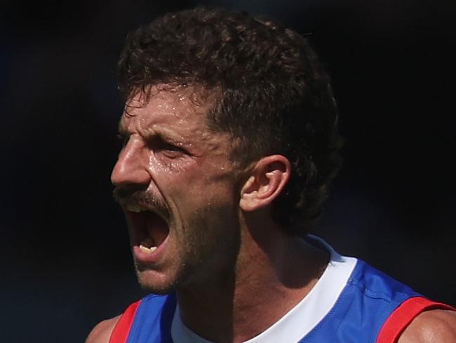 BALLARAT, AUSTRALIA - MARCH 24: Tom Liberatore of the Bulldogs celebrates kicking a goal during the round two AFL match between Western Bulldogs and Gold Coast Suns at Mars Stadium, on March 24, 2024, in Ballarat, Australia. (Photo by Daniel Pockett/Getty Images)
