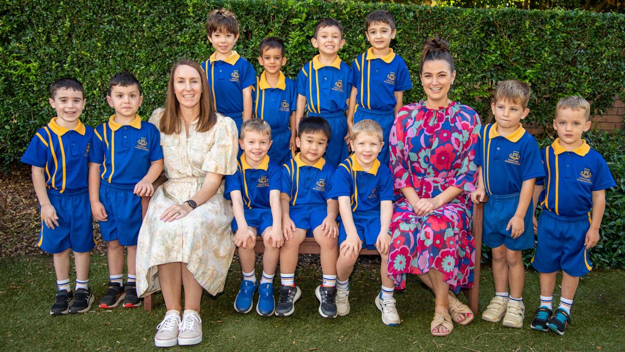 My First Year 2023: Toowoomba Grammar School Prep G students at the Junior School (back, from left Harry, Seth, Christopher and Shray, and (front, from left) Huxley, Enzo, Mrs Amelia Grills, Franklin, Dante, Frank, Miss Madison Payne, Lawson and Edward, February 2023.