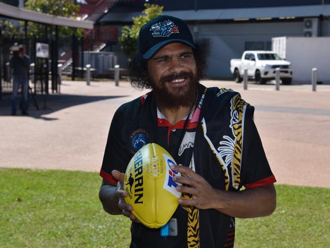 AFL champion Cyril Rioli is seen is seen during an announcement that has taken a job as assistant coach with Northern Territory team the Tiwi Bombers, in Darwin, Friday, June 28, 2019. (AAP Image/Greg Roberts) NO ARCHIVING, EDITORIAL USE ONLY