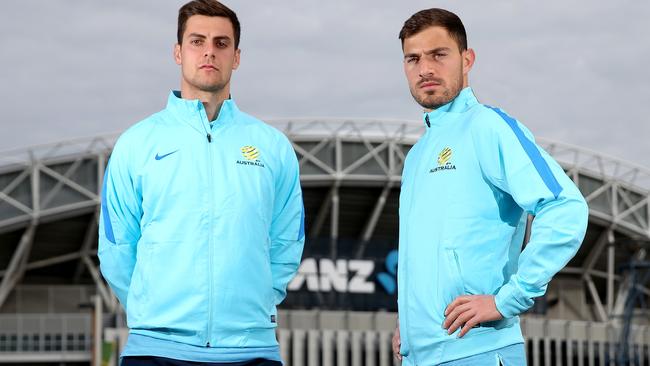 Good to be back — Socceroos Tomi Juric and James Troisi outside of ANZ Stadium.