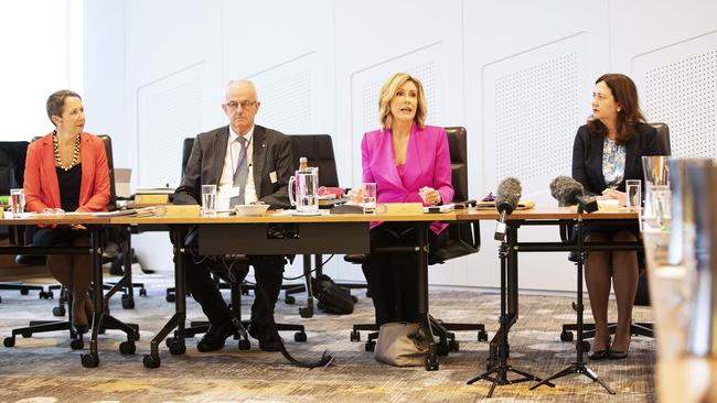 Minister for the Prevention of Domestic and Family Violence Di Farmer, former Police Commissioner Bob Atkinson AO APM, Kay McGrath OAM and Premier Annastacia Palaszczuk on Friday. Picture: AAP